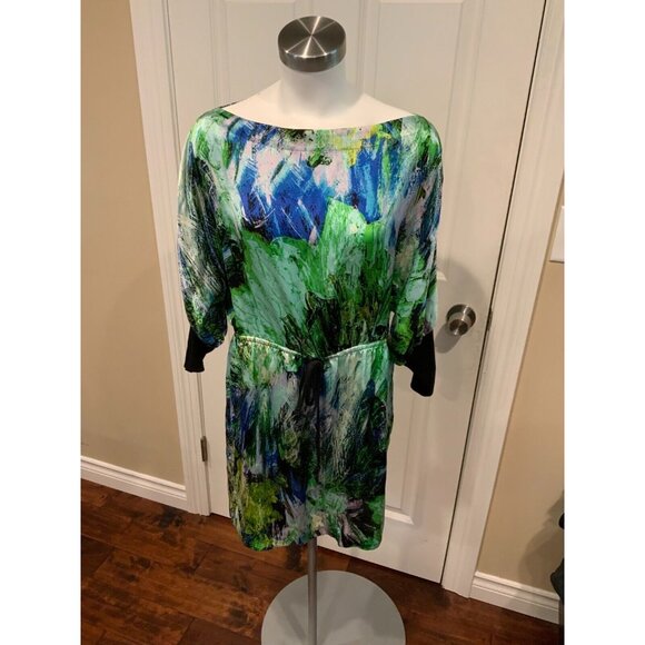 Robert Rodriguez Blue/Green Splatter Print Blouson Silk Dress, Size 8 - Picture 1 of 7
